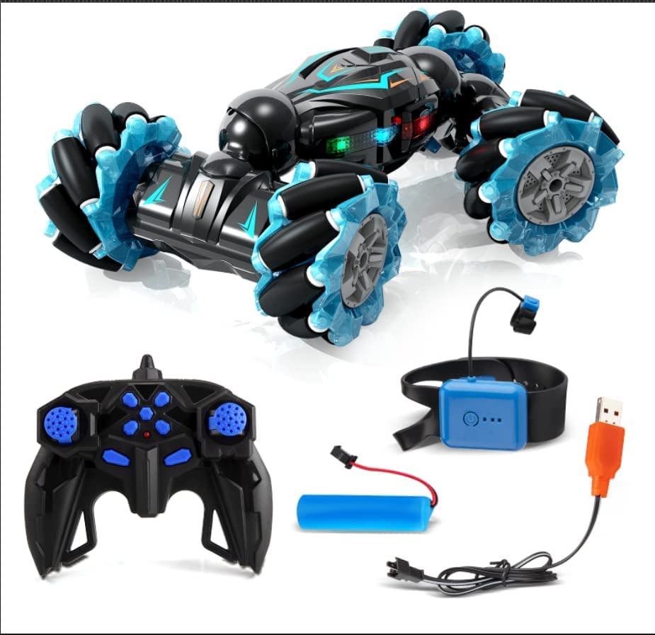Rc Stunt Car, 2.4Ghz 4Wd Remote Control Gesture Sensor Toy, Double Sided Rotating Off Road Vehicle 360° Flips with Lights Music,(FREE RC HELICOPTER)