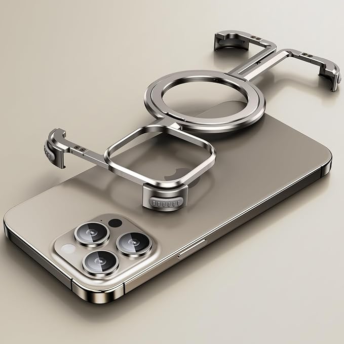 Ogranee Natural Titanium Frameless for iPhone 15 Promax Case with Magsafe Kickstand, Bezel Less Minimalist Metal Slim Hard Shockproof Ultra Thin Case with Ring Stand Magnetic Men