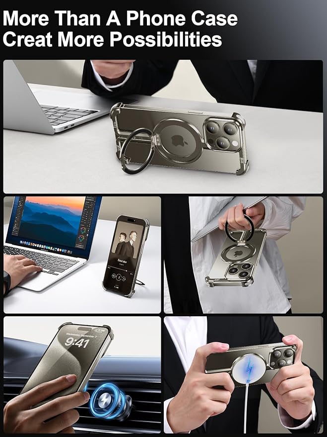 Ogranee Natural Titanium Frameless for iPhone 15 Promax Case with Magsafe Kickstand, Bezel Less Minimalist Metal Slim Hard Shockproof Ultra Thin Case with Ring Stand Magnetic Men