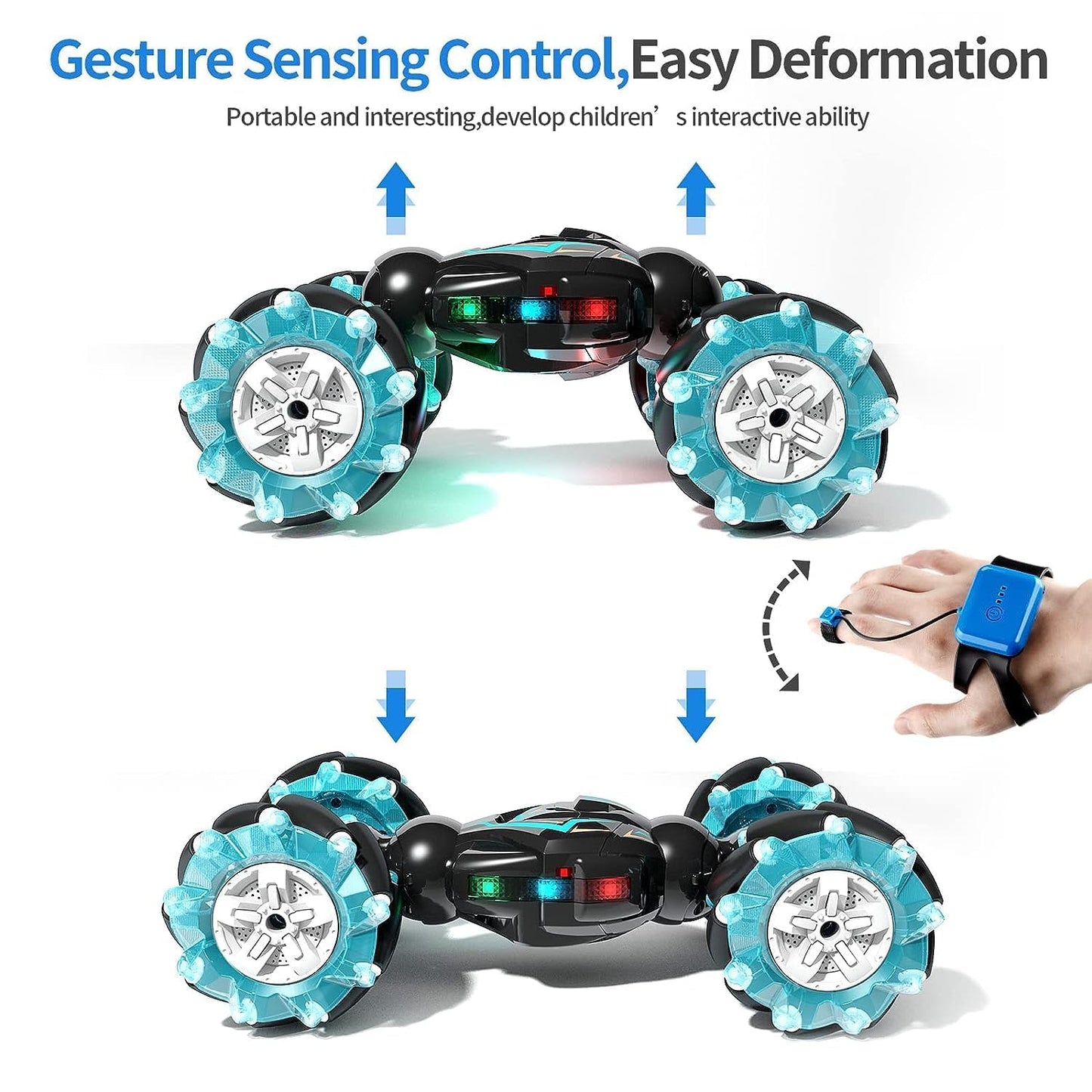 Rc Stunt Car, 2.4Ghz 4Wd Remote Control Gesture Sensor Toy, Double Sided Rotating Off Road Vehicle 360° Flips with Lights Music,(FREE RC HELICOPTER)