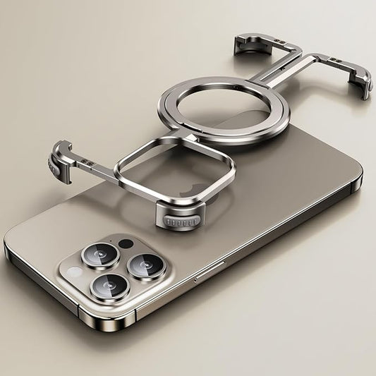 Ogranee Natural Titanium Frameless for iPhone 15 Promax Case with Magsafe Kickstand, Bezel Less Minimalist Metal Slim Hard Shockproof Ultra Thin  Case with Ring Stand Magnetic Men