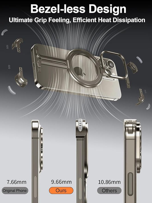 Ogranee Natural Titanium Frameless for iPhone 15 Promax Case with Magsafe Kickstand, Bezel Less Minimalist Metal Slim Hard Shockproof Ultra Thin  Case with Ring Stand Magnetic Men