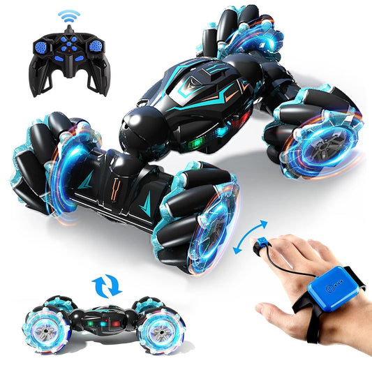 Rc Stunt Car, 2.4Ghz 4Wd Remote Control Gesture Sensor Toy, Double Sided Rotating Off Road Vehicle 360° Flips with Lights Music,(FREE RC HELICOPTER)