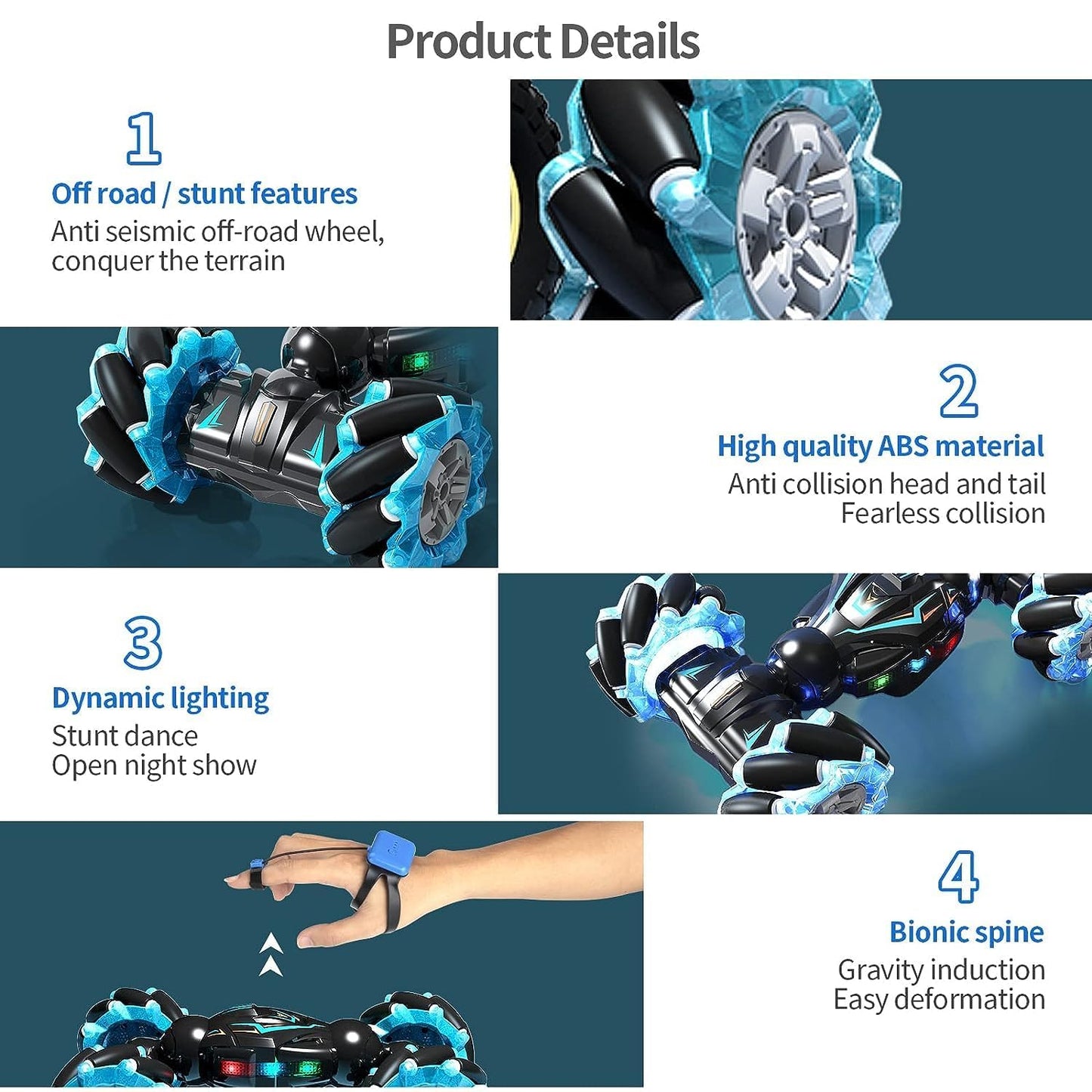 Rc Stunt Car, 2.4Ghz 4Wd Remote Control Gesture Sensor Toy, Double Sided Rotating Off Road Vehicle 360° Flips with Lights Music,(FREE RC HELICOPTER)