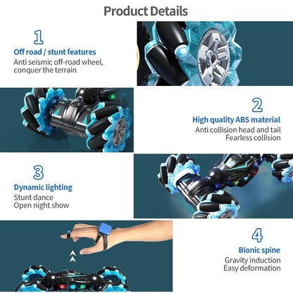 Rc Stunt Car, 2.4Ghz 4Wd Remote Control Gesture Sensor Toy, Double Sided Rotating Off Road Vehicle 360° Flips with Lights Music,(FREE RC HELICOPTER)
