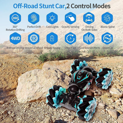 Rc Stunt Car, 2.4Ghz 4Wd Remote Control Gesture Sensor Toy, Double Sided Rotating Off Road Vehicle 360° Flips with Lights Music,(FREE RC HELICOPTER)