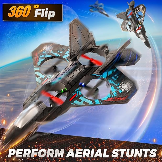 RC Fighter Jet with 2.4GHz Remote Control – Quadcopter Plane for Kids & Adults, USB Rechargeable with LED Night Lights, Beginner-Friendly Design