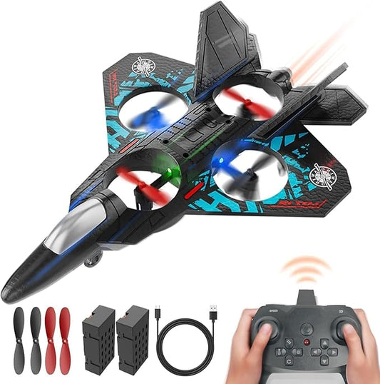 RC Fighter Jet with 2.4GHz Remote Control – Quadcopter Plane for Kids & Adults, USB Rechargeable with LED Night Lights, Beginner-Friendly Design